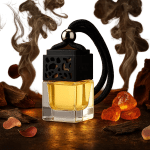Intense car fragrance with oud, smoky incense, and rose notes in a luxury air freshener format.