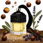 Eighty7 car fragrance with roasted chestnut, sage, lavender, and smoky vanilla.