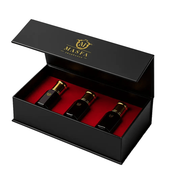 Masfa fragrance gift set with three 6ml perfume oil bottles presented in a premium box.